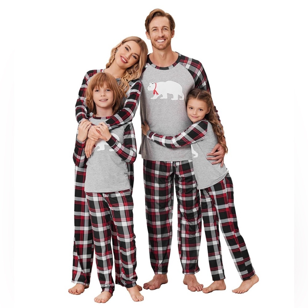 NEW Ekouaer Kids Polar Bear Plaid Pajama Set Red Black Grey Size 120